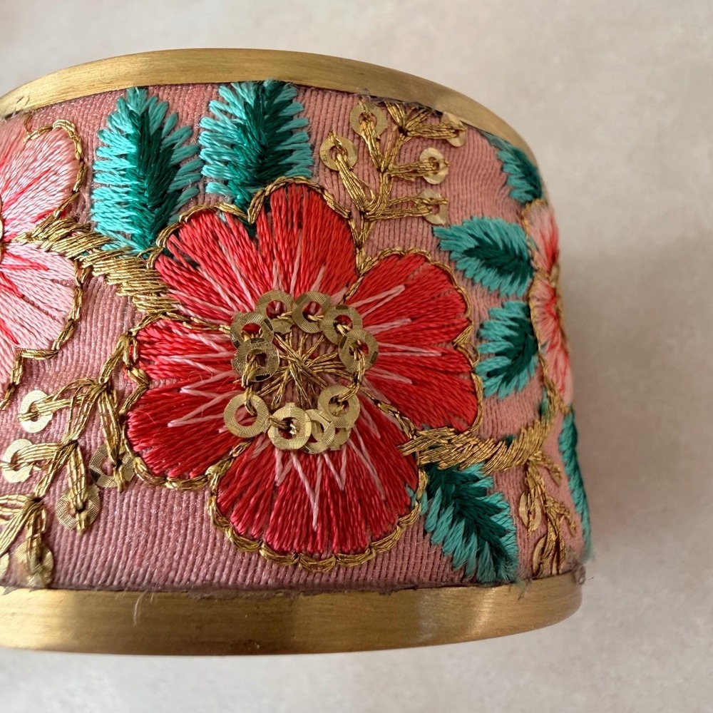 Bohemian‎ Floral Embroidered Wide Cuff Bracelet Gold Tone Pink Sequin Statement - Picture 5 of 11